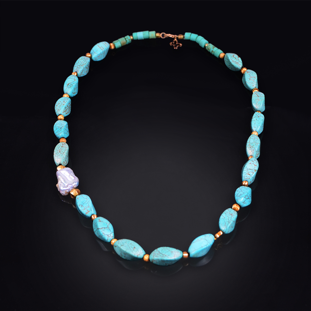Bead necklace with Turquoise, pearl and brushed 18K and 14K yellow gold beads
