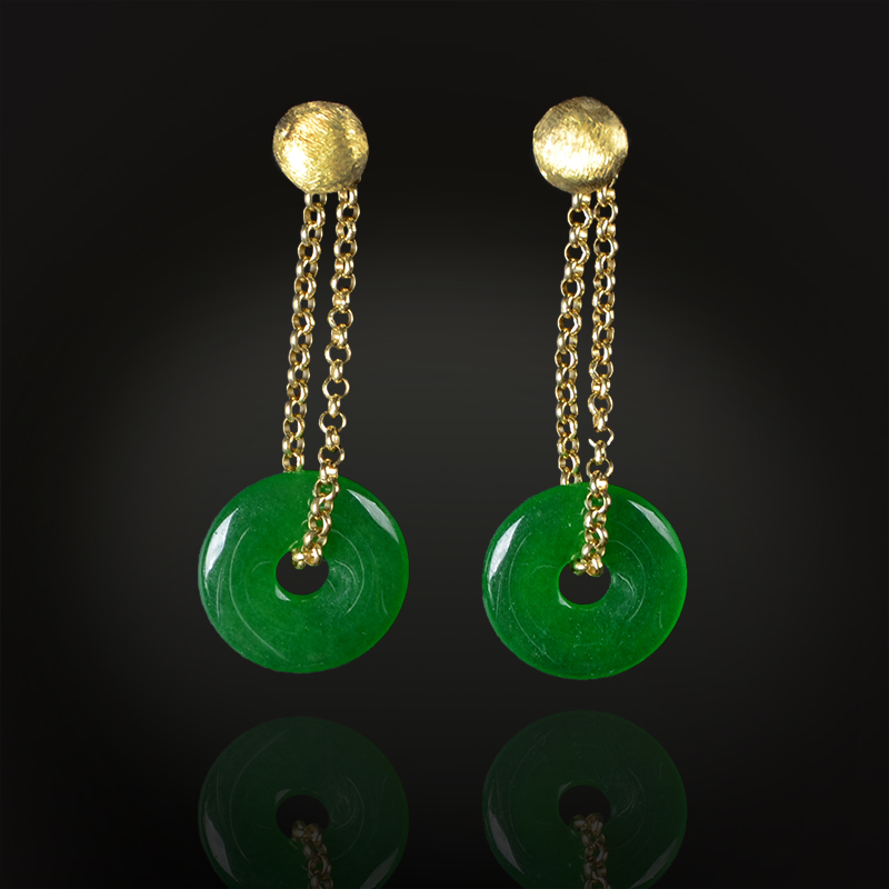 18K yellow gold dangle earrings with brushed yellow gold beads and Jade donuts