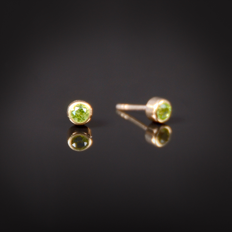 18K brushed rose gold stud earrings with bezel set Demantoid Garnets
