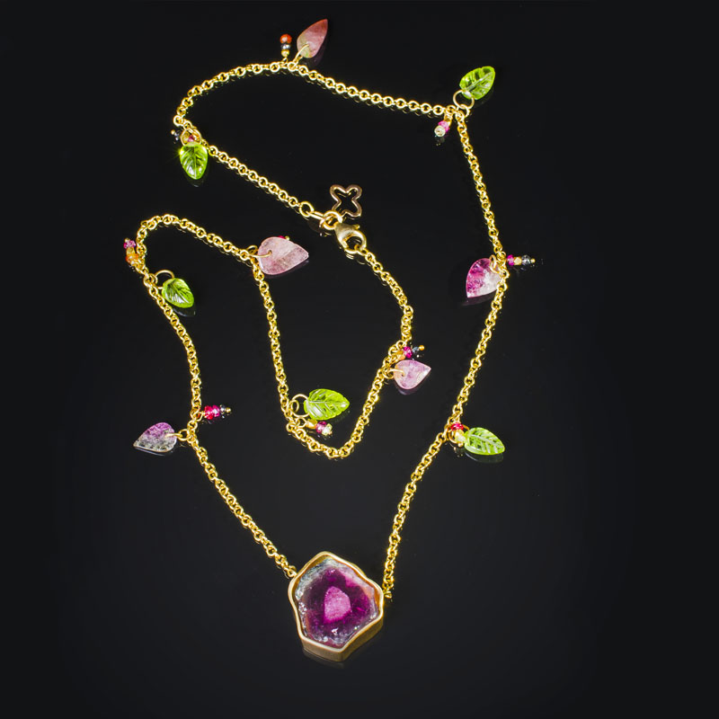 18K brushed yellow gold necklace with watermelon Tourmaline, carved Tourmaline and Peridot leaves and pink Spinel, black Diamond and gold beads