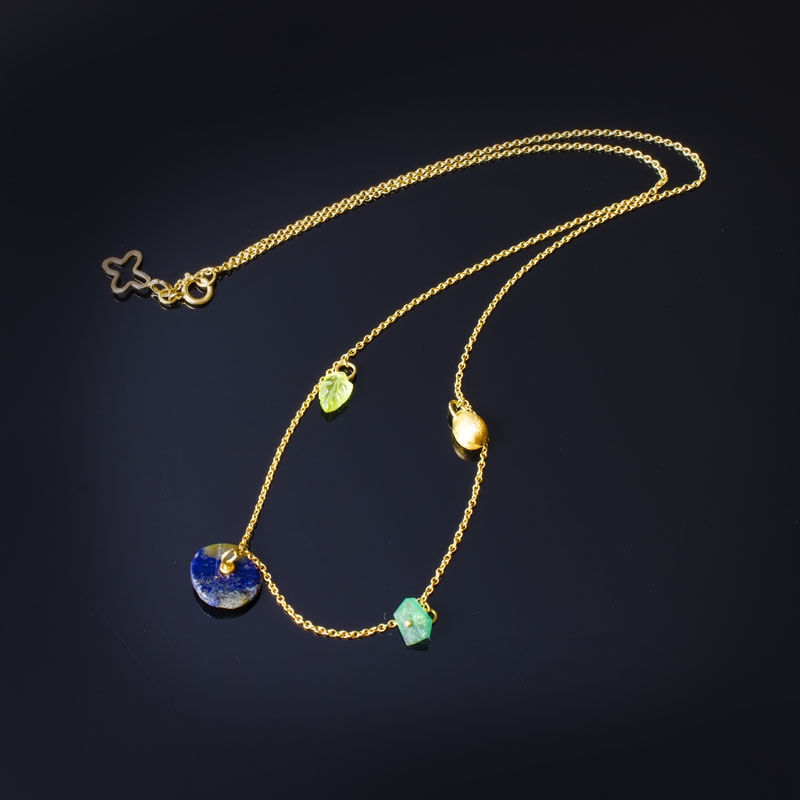 18K yellow gold necklace with Lapis donut, Emerald, carved Peridot and gold brushed dangle beads