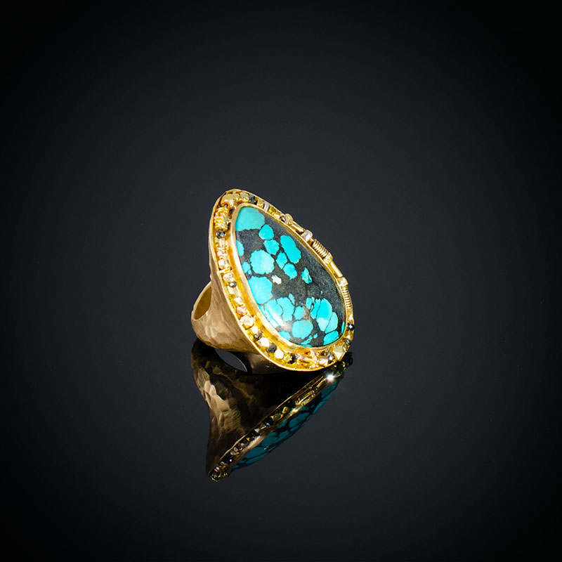 18K brushed and hammered yellow gold ring with Turquoise surrounded by gold and black Diamond beads