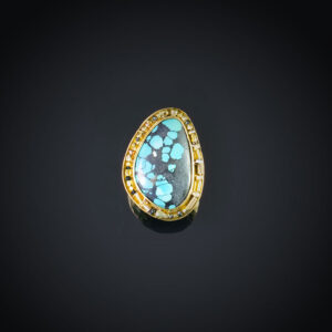 18K brushed and hammered yellow gold ring with Turquoise surrounded by gold and black Diamond beads