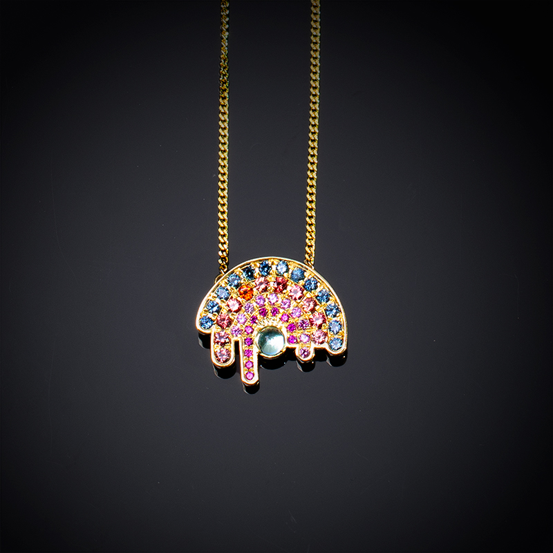 18K yellow gold Rainbow necklace with blue Topaz, Rubies, pink and blue Sapphires and pink Spinels