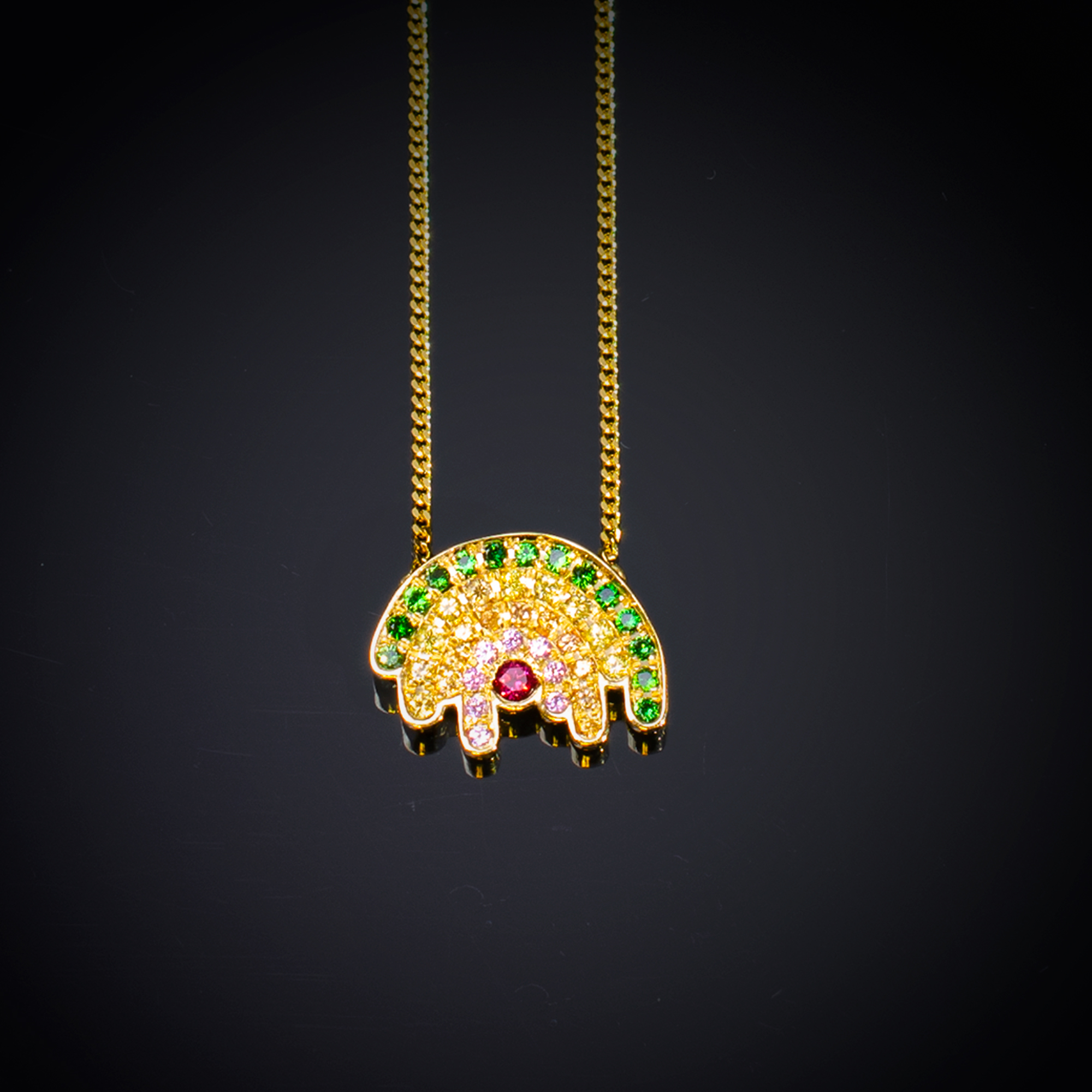 18K yellow gold Rainbow necklace with Ruby, pink, orange and yellow Sapphires and Tsavorite Garnets