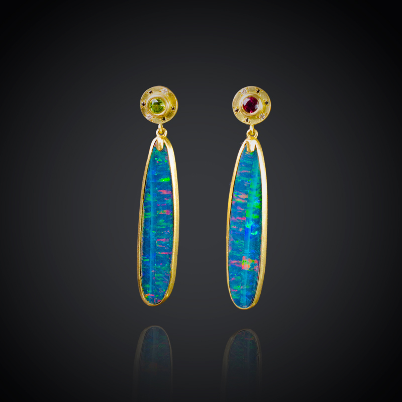 18K brushed yellow gold dangle earrings with Boulder Opals, Ruby, Demantoid Garnet, black and colorless Diamonds