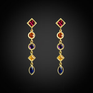 Gold dangle earrings with a rainbow of precious gems