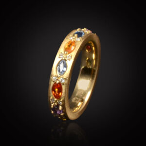18K brushed yellow gold band with multicolor marquise shaped Sapphires and round Diamonds