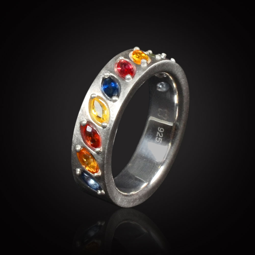  Brushed sterling silver band with multicolor marquise shaped Sapphires and a round Amethyst